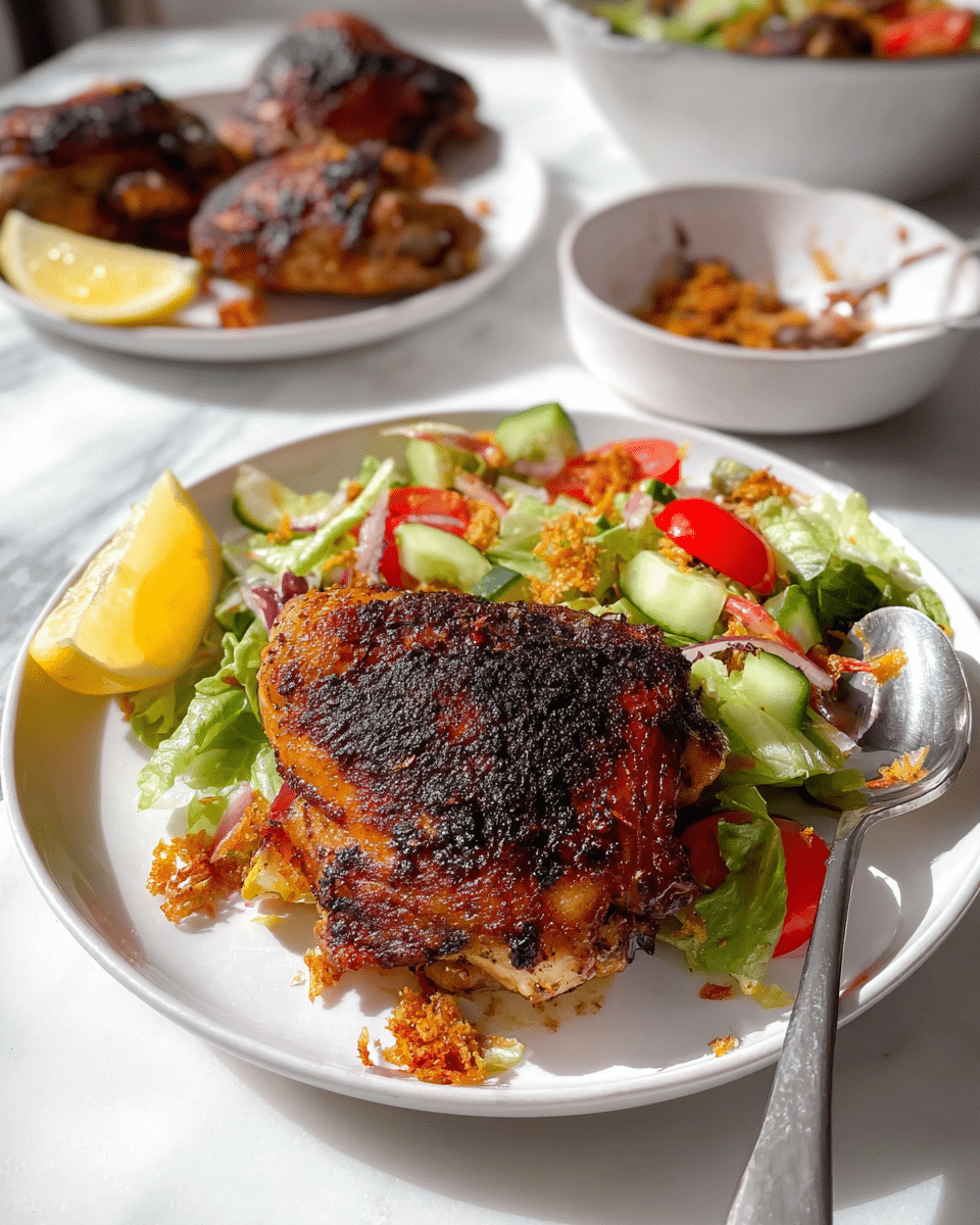 The image shows a white plate with a crispy grilled chicken thigh placed on the front right side, its dark brown and slightly charred skin giving it a textured look. Underneath the chicken, there is a fresh salad made of chopped green lettuce, slices of cucumber, halved cherry tomatoes, and small pieces of what appears to be a crispy topping with a light orange hue. On the left side of the plate, there is a wedge of lemon with a bright yellow color. The background has another white plate holding three more pieces of grilled chicken with a similar crispy brown skin, accompanied by lemon wedges. A small white bowl with leftover crispy topping and a metal spoon is also visible, with everything set on a white marbled surface. photo taken with an iphone --ar 4:5 --v 7