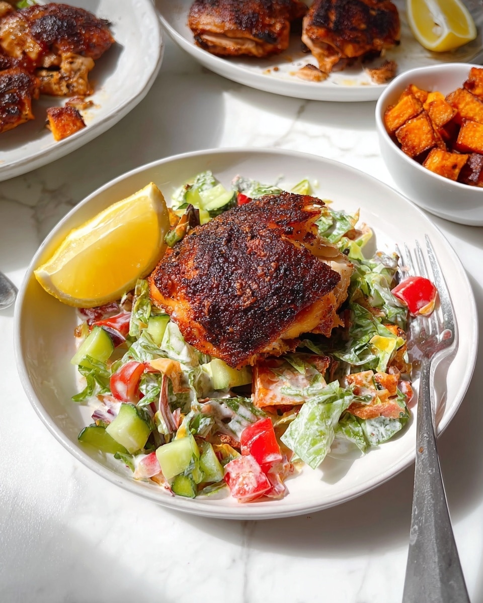 A white plate on a white marbled surface holds a dish with two main layers: the bottom layer is a colorful salad made of chopped green lettuce, cherry tomatoes, diced cucumbers, and small pieces of orange sweet potato, all mixed together with a light creamy dressing. On top sits a piece of dark, crispy grilled chicken with a slightly charred texture covering its surface. A wedge of yellow lemon is placed on the left side of the plate. In the background, there is a white plate with three more grilled chicken pieces and lemon wedges, and a small white bowl filled with roasted sweet potato chunks. A silver fork rests on the right side of the main plate. Photo taken with an iphone --ar 4:5 --v 7