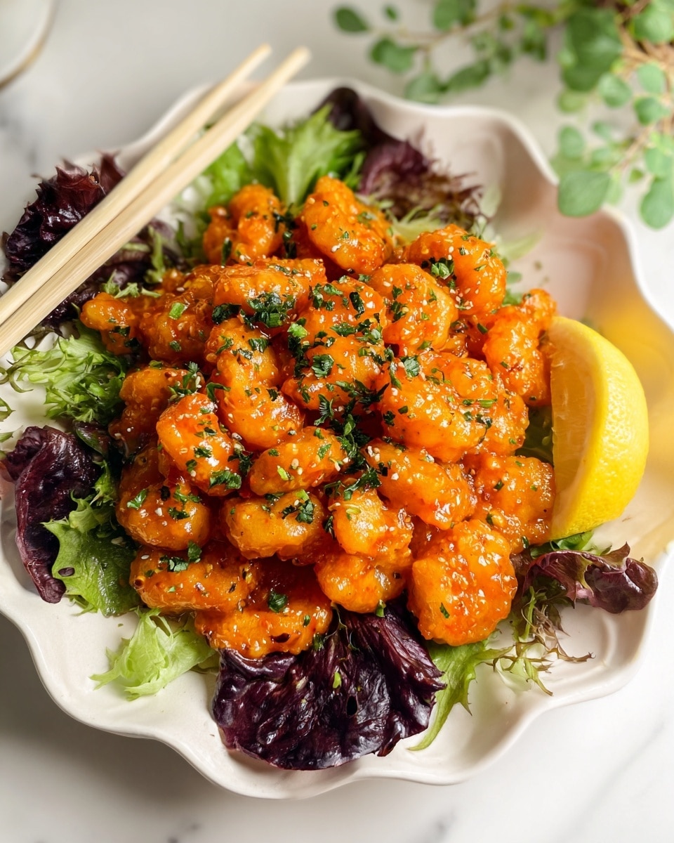 This dish shows a white scalloped plate filled with small pieces of bright orange, crispy-coated shrimp covered in a glossy sauce. The shrimp rest on a bed of fresh leafy greens with different shades of green and some dark purple leaves. A sprinkle of finely chopped green herbs is spread evenly over the shrimp, and a wedge of lemon with a yellow rind sits on the right side of the plate. A pair of light-colored chopsticks lay diagonally on the top left edge of the plate. The plate is set on a white marbled surface with a soft green plant partially visible in the upper right corner. photo taken with an iphone --ar 4:5 --v 7