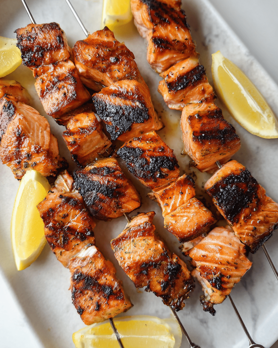 The image shows several skewers of grilled salmon pieces on a white plate with a white marbled texture underneath. Each skewer has three to four thick salmon chunks, which are orange with charred black grill marks, giving a mix of shiny and slightly rough texture. The salmon looks juicy and cooked with a slight caramelization. Scattered around the skewers are bright yellow lemon wedges, adding a fresh, vibrant color contrast. The edges of the plate are metallic, adding a subtle shine to the composition. The photo is close-up, showing the detailed sear marks and texture on the fish. Photo taken with an iphone --ar 4:5 --v 7