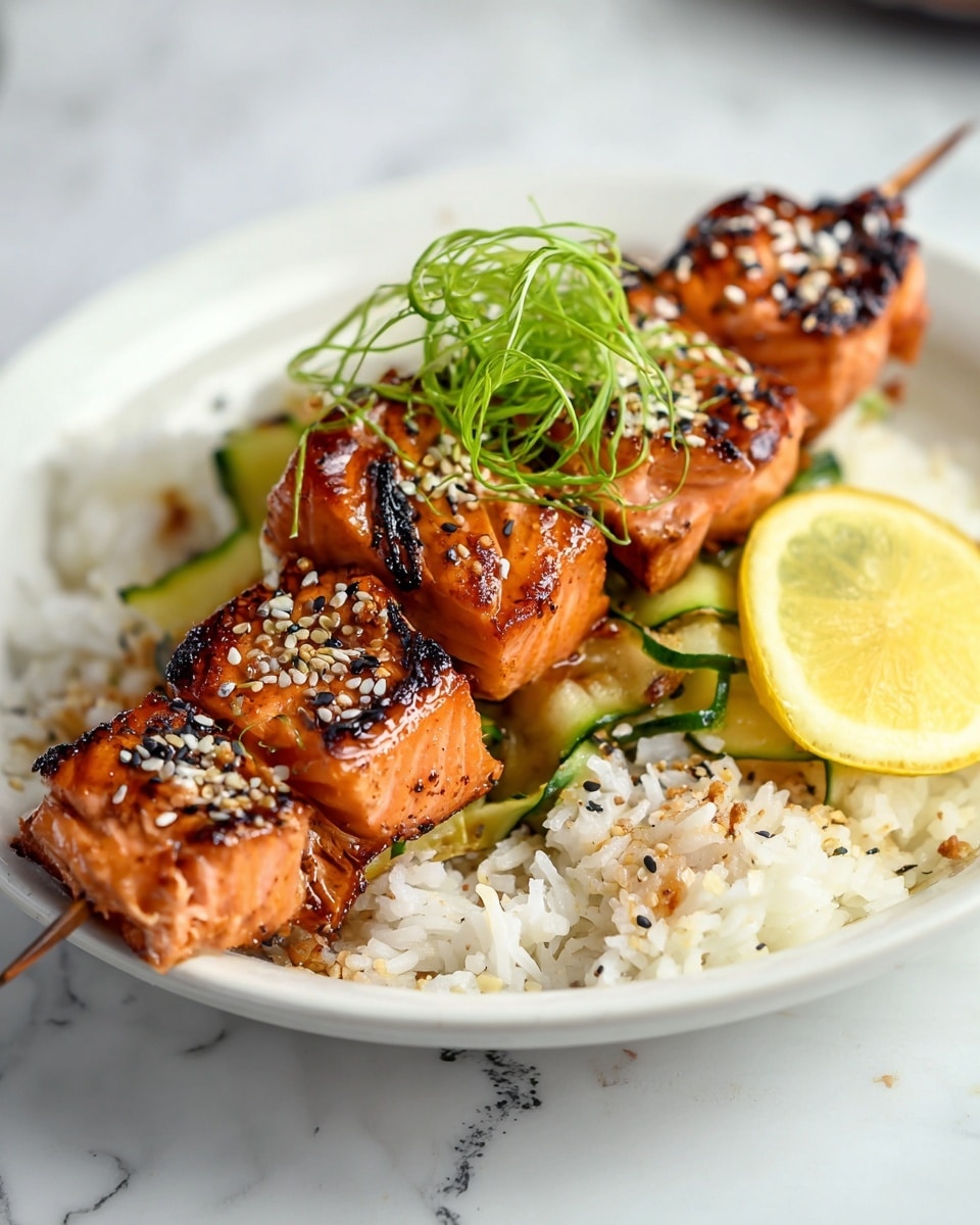 The dish shows a skewer with several grilled salmon pieces, each piece having a rich orange-pink color with dark char marks and sprinkled with white and black sesame seeds. The skewer is placed on a bed of white rice mixed with small bits of sesame seeds. Behind the skewer, there is a layer of thinly sliced green zucchini mixed in with the rice. A wedge of lemon with a pale yellow color sits on the rice near the skewer. On top of the rice and salmon skewer, a small bunch of thin, curly green chive strands adds a fresh touch. The dish is served on a white plate, all set on a white marbled surface. Photo taken with an iphone --ar 4:5 --v 7