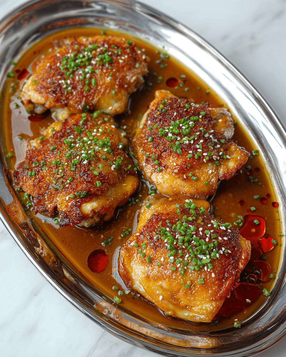 The image shows four pieces of golden-brown crispy chicken thighs with a crunchy skin on top, arranged on a shiny silver tray. The chicken sits in a pool of rich brown sauce with a glossy look, with some red oil droplets floating in it. The dish is sprinkled evenly with finely chopped green chives and small white sesame seeds, adding texture and color contrast. The background is a white marbled surface, slightly visible around the edges of the tray. Photo taken with an iphone --ar 4:5 --v 7