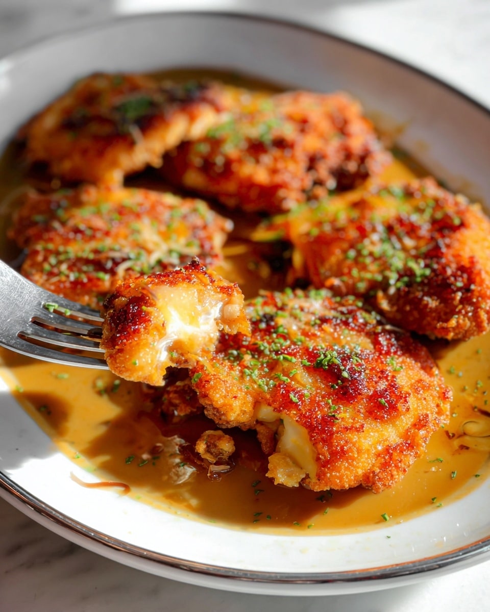 The image shows a white plate with four pieces of golden-brown fried chicken, each with a crispy skin layer that has an orange tint with some darker spots, giving it a crunchy texture. The chicken pieces are sitting in an oily light brown sauce spread across the plate, which has small green herb bits sprinkled every where over both the chicken and the sauce. In the foreground, a silver fork holds a small piece of chicken, exposing a softer, juicy, slightly pinkish inner layer beneath the crispy crust. The plate rests on a white marbled surface with bright natural light enhancing the colors and textures. Photo taken with an iphone --ar 4:5 --v 7