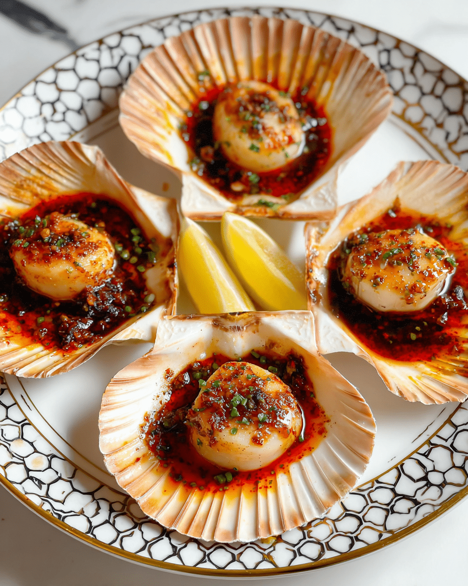 The image shows five scallops in their light beige shells, each scallop sitting in a deep red-brown oily sauce with small green bits sprinkled on top, giving a slightly charred look on the scallops' surface. The shells are arranged in a circle on a white plate with a decorative hexagon pattern and small black, white, and gold accents. In the center of the plate, there are three yellow lemon wedges. The plate is set on a white marbled surface. photo taken with an iphone --ar 4:5 --v 7