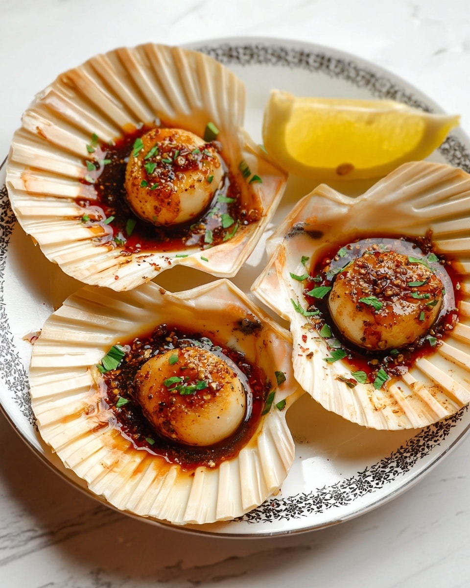 The image shows four cooked scallops each served in a light beige shell with a fluted edge, sitting on a white plate with a patterned rim. Each scallop is seasoned with a dark, shiny sauce and sprinkled with finely chopped green herbs and cracked black pepper. The shells rest on the plate with a wedge of bright yellow lemon placed between two of them. The plate is set on a white marbled texture surface, creating a clean and fresh look. photo taken with an iphone --ar 4:5 --v 7