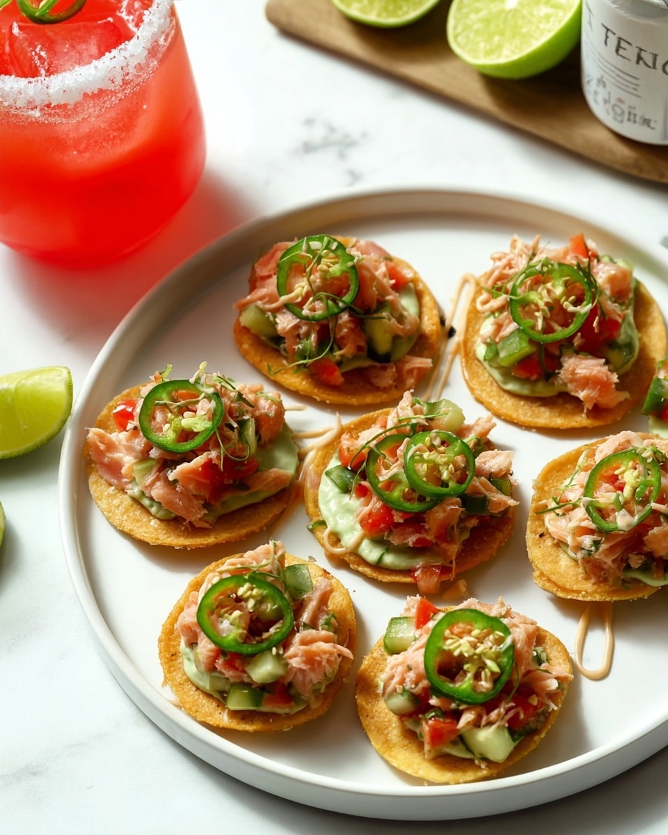 There are seven small round tostadas arranged on a white plate over a white marbled texture. Each tostada has a golden crispy base as the first layer, topped with a green creamy spread. The next layer includes a mix of diced pink salmon, red peppers, green cucumbers, and some green herbs. On top, there are thin rings of fresh green jalapeño peppers and thin crispy fried strands. Light beige creamy sauce is drizzled over the entire stack. In the background, there is a glass with bright red beverage garnished with lime and salt on the rim, and a cut lime half. Photo taken with an iphone --ar 4:5 --v 7