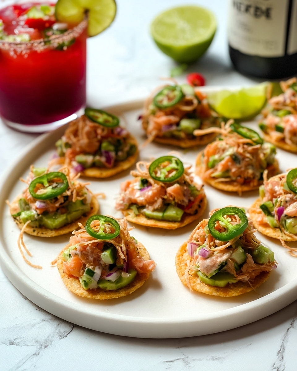 Seven small round tostadas are set on a white plate with a white marbled texture beneath. Each tostada is topped with layers starting with a golden crispy tostada base, followed by a layer of bright green avocado slices. The next layer is a mix of finely chopped vegetables including red bell peppers, cucumbers, and red onions, mixed with pieces of light pink salmon. Thin light cream-colored drizzle is spread over the top, along with thin curly fried strips and a slice of green jalapeno pepper as a garnish. In the background, there is a glass filled with a deep red drink, garnished with a lime wedge and some small fruit pieces. A halved lime and part of a bottle are also visible on the white marbled surface. photo taken with an iphone --ar 4:5 --v 7
