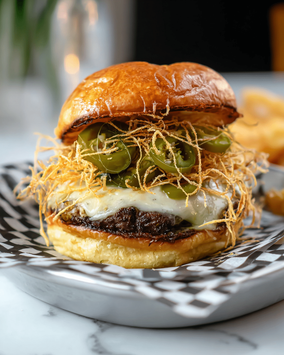 A close-up of a burger with five main layers on a white plate lined with black and white checkered paper, all placed on a white marbled surface. The bottom layer is a soft, golden-brown toasted bun, slightly wrinkled. Above it, there are two dark brown grilled beef patties stacked with melted white cheese oozing smoothly over the edges. On top of the cheese are several green jalapeño slices, shiny with moisture. The next layer is a nest of thin, crispy golden-brown fried strands, adding crunchy texture. Finally, the burger is topped with a toasted golden-brown bun that shows slight charring on the edges. Photo taken with an iphone --ar 4:5 --v 7