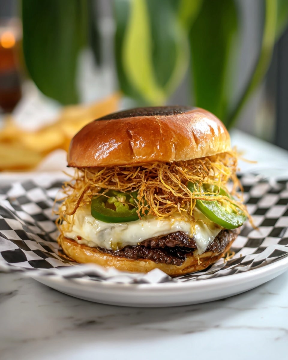 A burger with a shiny, soft golden brown top bun that has a slight char on the edges. Below the bun is a light pile of thin, crispy fried strands with a golden color. Underneath are green jalapeño slices resting on a layer of melted white cheese that oozes over two dark brown, juicy beef patties stacked one on top of the other. The base is a soft, pale golden bottom bun. The burger sits on checkered black and white paper on a white plate, placed on a white marbled surface with blurred green leaves in the background. photo taken with an iphone --ar 4:5 --v 7
