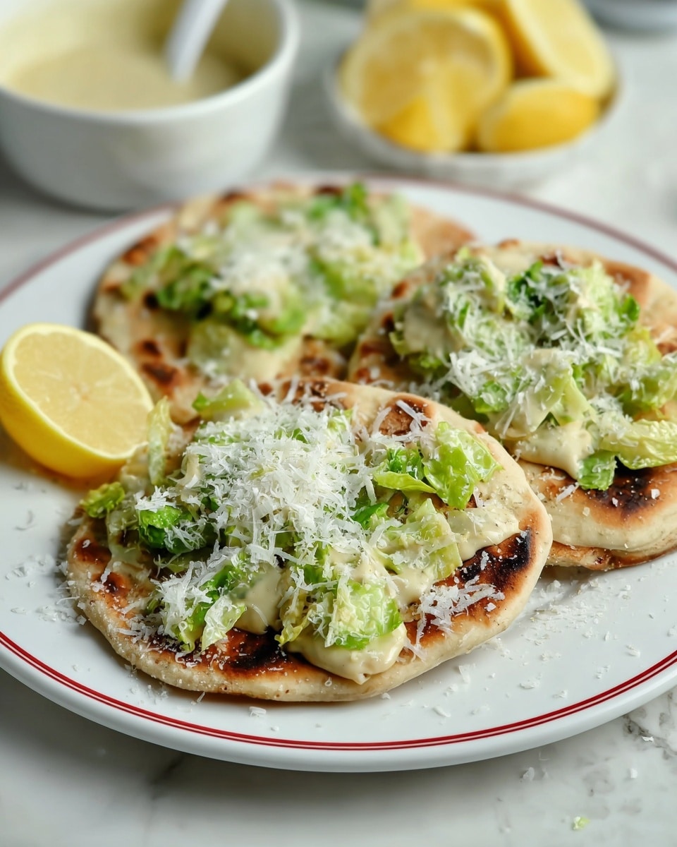The image shows three pieces of flatbread with a light golden-brown toast and some char marks on the surface, each topped with a small pile of chopped green vegetables, likely lettuce or cabbage, mixed with a creamy yellow sauce. On top of the vegetables, there is a generous layer of finely grated white cheese sprinkled all over. A wedge of lemon is placed beside one flatbread on a white plate with two thin red rings near the edge. In the blurred background, there are more lemon wedges on a small white dish and a white bowl with a light yellow creamy sauce and a spoon. The setting surface is a white marbled texture. photo taken with an iphone --ar 4:5 --v 7