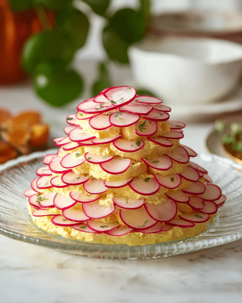 A pyramid-shaped dish made of multiple layers of pale yellow spread and thinly sliced radishes with red edges is placed on a clear glass plate. Each layer alternates between the creamy yellow spread and overlapping radish slices arranged neatly around the mound. The plate sits on a white marbled surface, with some blurred background elements including green leaves and a white bowl. The layers are stacked tightly, creating a textured look with the radish slices fanning out evenly on every level. Photo taken with an iphone --ar 4:5 --v 7