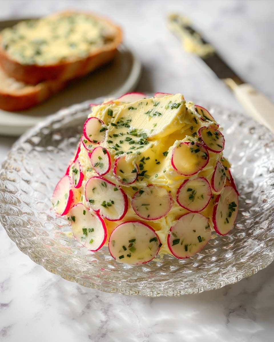 A round mound of smooth, pale yellow butter mixed with green herbs is covered with evenly spaced thin slices of radish that are white with red edges, layered all around the butter in three visible layers. The center is scooped out to show the soft, creamy inside with chopped chives sprinkled on it. This butter mound is placed on a clear, textured glass plate. In the background on a white marbled texture, there is a slice of bread spread with the same butter and radish slices, along with a butter knife with a white handle resting beside the plate. photo taken with an iphone --ar 4:5 --v 7