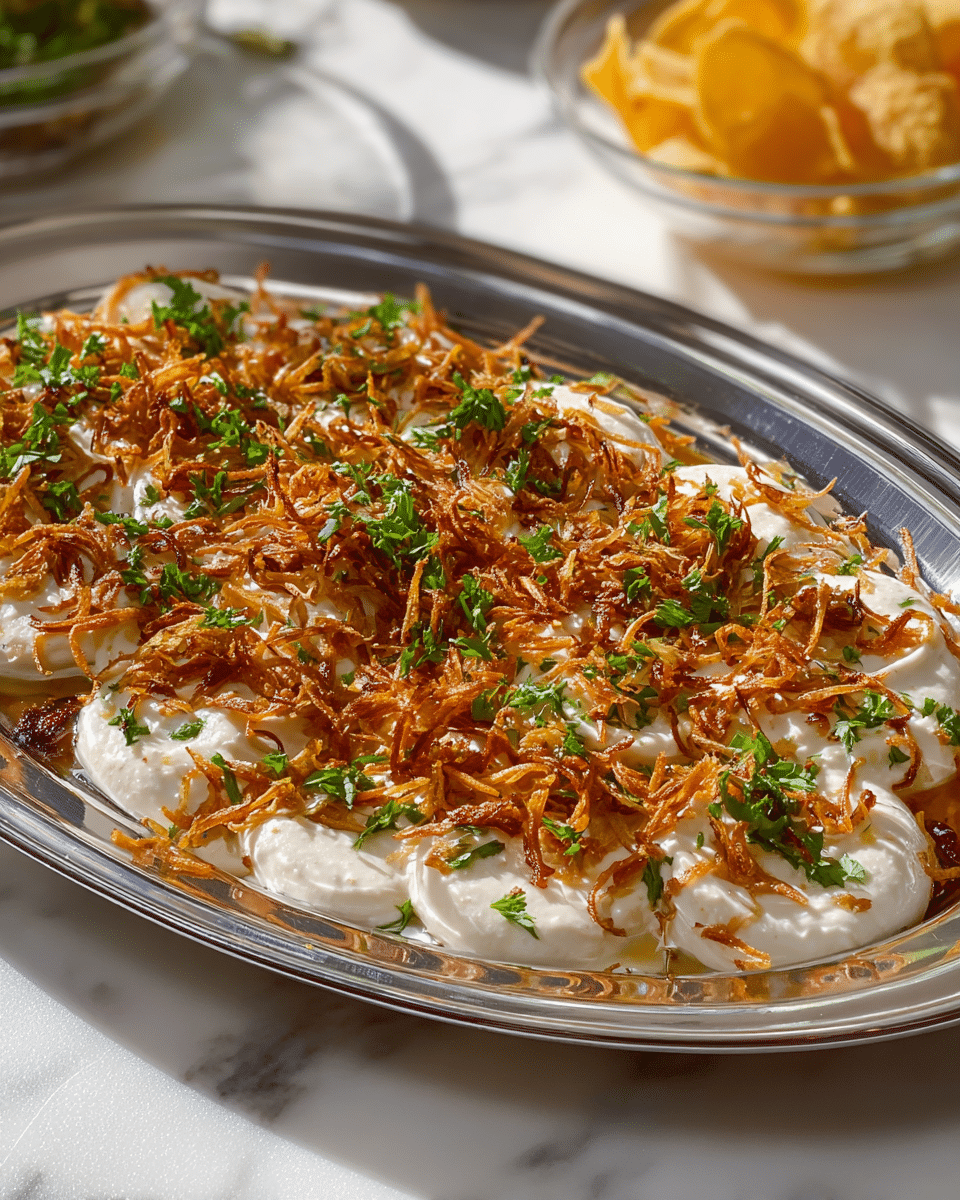 A round silver plate holds a dish made of a smooth, creamy white base arranged in even dollops close together. On top, there are many thin, golden-brown fried onion strings scattered across, adding texture and color contrast. Small green chopped herbs are sprinkled over the entire dish, giving a fresh and lively touch. The plate sits on a white marbled surface with soft natural light falling on it, making the colors look warm and inviting. In the blurry background, there is a glass bowl with yellowish chips. Photo taken with an iphone --ar 4:5 --v 7