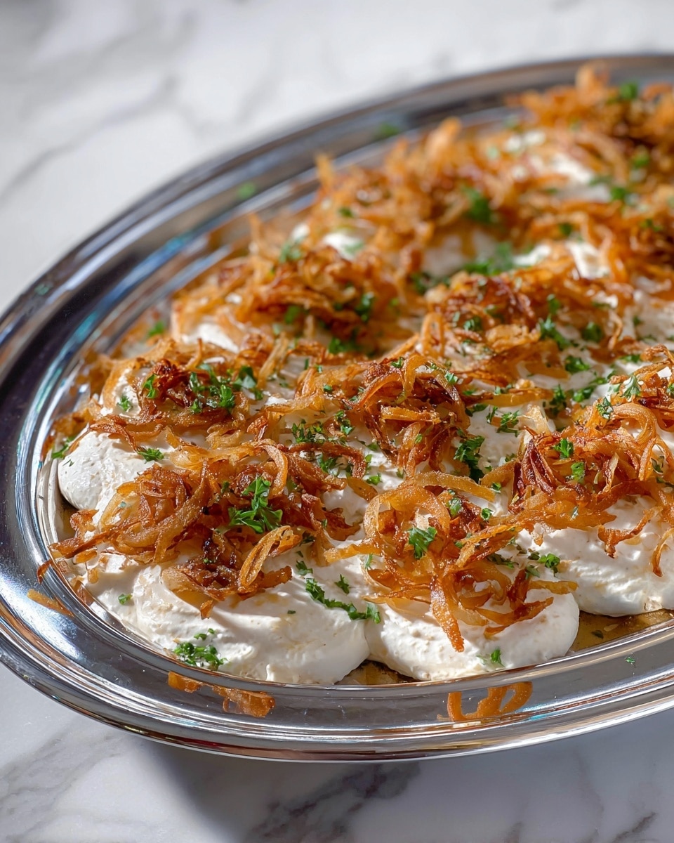 A round silver tray holds several curved white dollops of creamy sauce arranged evenly on its surface. On top of this creamy layer, there is a generous amount of thin, crispy, golden-brown fried onions scattered all over, adding texture and color. Small green bits of finely chopped herbs are sprinkled in between, providing a fresh contrast against the cream and onions. The overall look is warm and inviting with varied textures on a bright white marbled background, slightly blurred. photo taken with an iphone --ar 4:5 --v 7