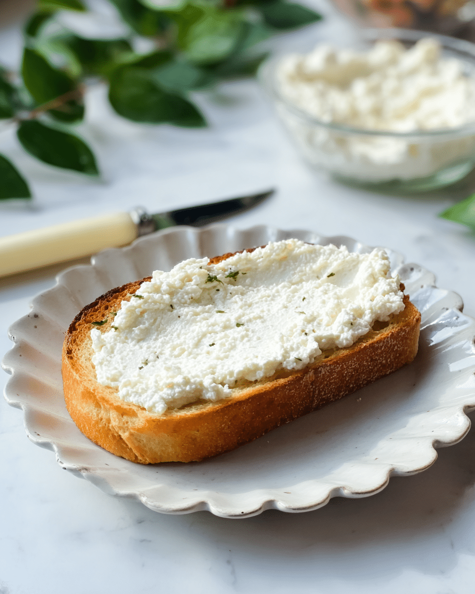 A single piece of toasted bread with a golden brown crust and light, airy texture is spread thickly with a creamy, white cottage cheese. The bread sits on a white plate with scalloped edges. In the background, there is a butter knife with a cream-colored handle resting on the plate. Also visible are green leaves and a glass dish holding more white cottage cheese, all placed on a smooth white marbled surface. photo taken with an iphone --ar 4:5 --v 7