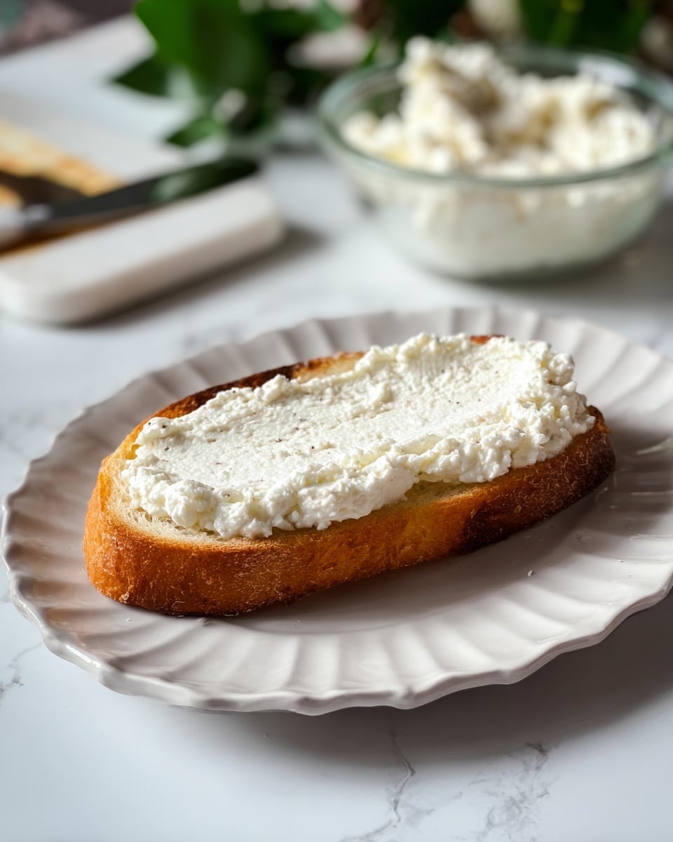 A single piece of toasted bread with a golden-brown crust sits on a white scalloped plate, topped with a thick layer of creamy white cottage cheese spread evenly across its surface. The bread looks crunchy around the edges but soft inside, and the cottage cheese texture is slightly lumpy and moist. In the background, a white marbled surface holds a butter knife with a white handle resting beside a clear glass dish filled with more cottage cheese, with some green leaves blurring softly in the distance. photo taken with an iphone --ar 4:5 --v 7