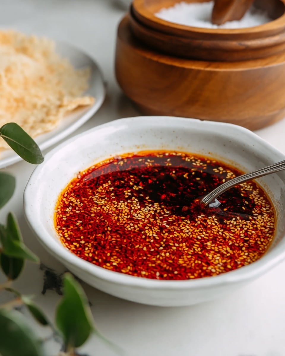 A shallow white bowl filled with a single layer of deep red chili oil, topped evenly with tiny golden sesame seeds that create a textured surface. A metal spoon lies inside the bowl, partially submerged in the chili oil, reflecting some light. In the blurry background, there is a wooden container with a lid, slightly open to show coarse salt inside, and some green leaves adding natural color. To the left, there is a white plate with crisp light beige papadum pieces visible on a white marbled surface. photo taken with an iphone --ar 4:5 --v 7