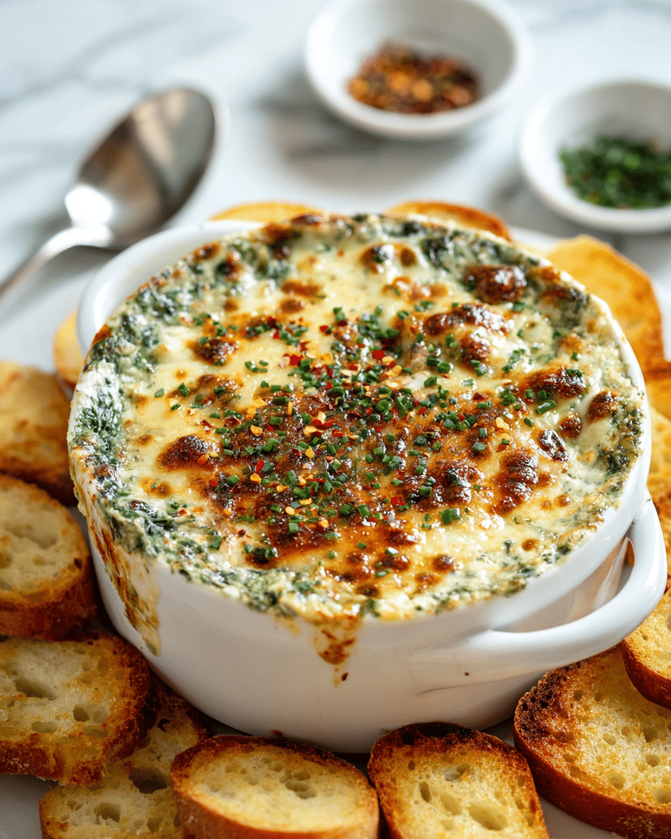 A white ceramic bowl filled with a creamy spinach and cheese dip topped with a golden browned melted cheese layer, sprinkled with small green chopped herbs and red pepper flakes, giving a textured and colorful finish. The edges of the dip show a mix of light green spinach and cream underneath the toasted cheese. The bowl sits on a white marbled surface, surrounded by toasted slices of golden brown bread pieces and a shiny silver spoon placed nearby, with blurry small white bowls filled with herbs and spices in the background. photo taken with an iphone --ar 4:5 --v 7
