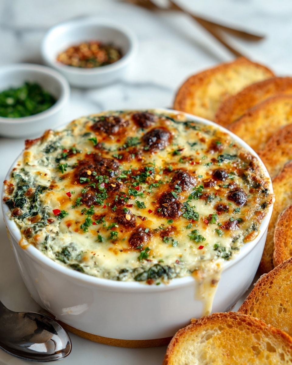 A white bowl filled with a baked spinach and cheese dip, showing a bubbly, golden brown crust with melted cheese on top sprinkled with chopped green herbs and small red chili flakes. The cheese layer is thick and browned unevenly with some darker spots, and underneath, you can see the creamy spinach mix peeking through at the edges. The bowl is placed on a white marbled surface, surrounded by toasted golden bread slices with a crispy texture. In the background, out of focus, there are small white bowls with chopped herbs and spices. A shiny silver spoon is placed next to the bowl. photo taken with an iphone --ar 4:5 --v 7