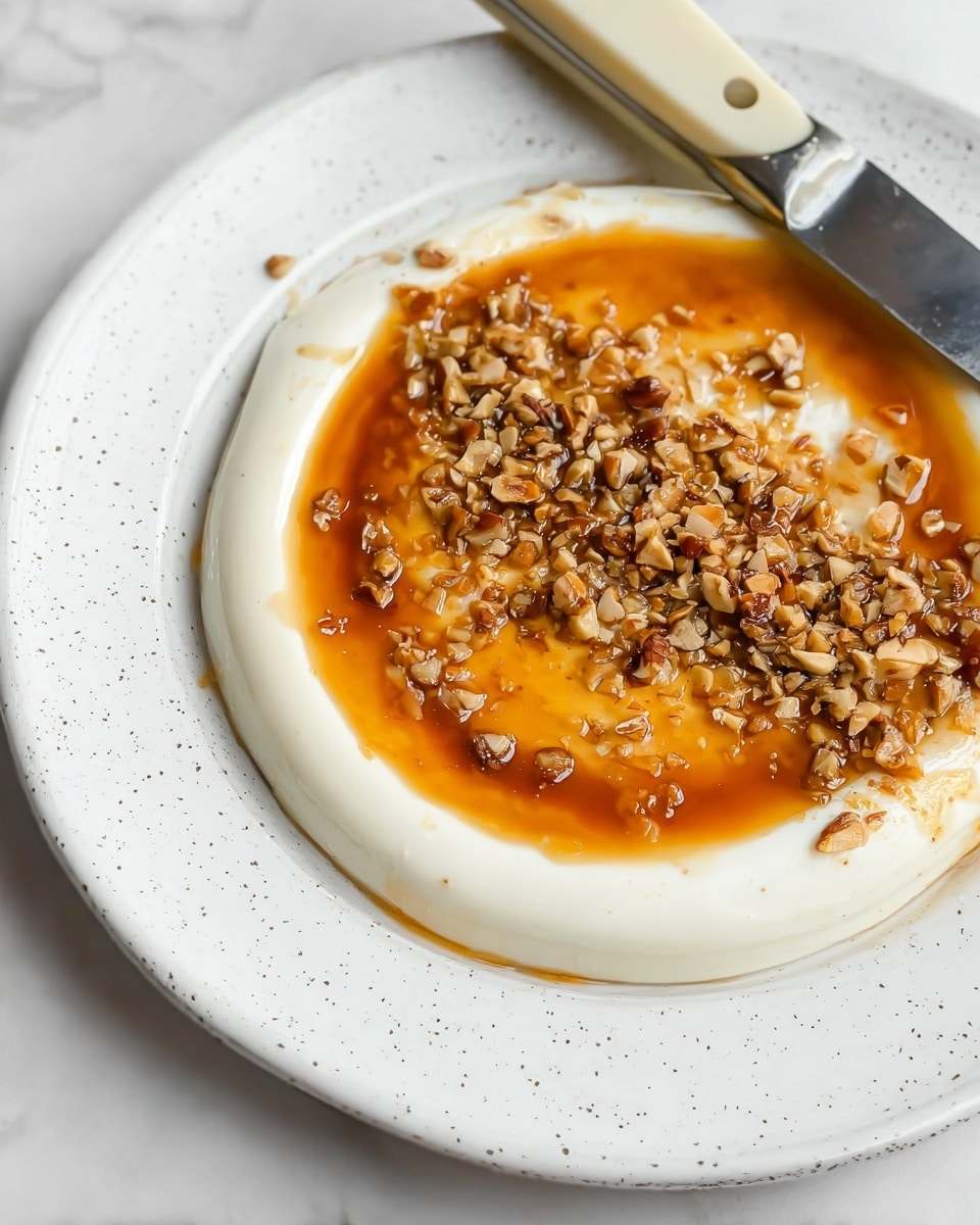 A white speckled plate holds three visible layers: the first is a smooth, thick, creamy white base spread evenly in a circle; the second layer is a shiny, amber caramel sauce poured on top but slightly smaller in diameter, creating a ring of cream visible around it; the third layer is a generous sprinkling of chopped mixed nuts, adding a coarse texture and light brown color with some darker nut pieces on the caramel center. The plate rests on a white marbled surface, and a knife with a silver blade and ivory handle is placed on the top edge of the plate. photo taken with an iphone --ar 4:5 --v 7