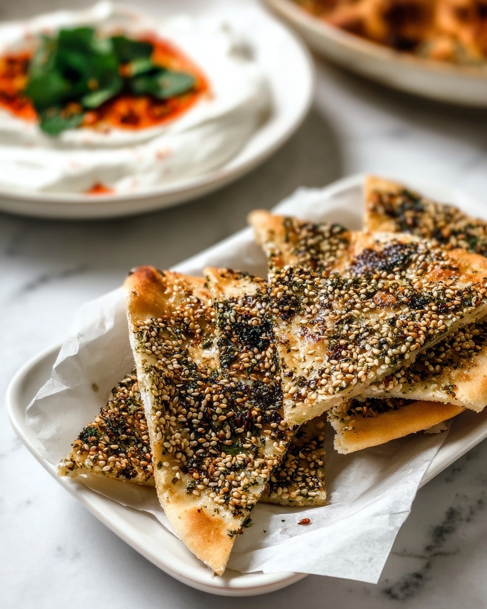 The image shows a white rectangular plate holding several triangular pieces of flatbread arranged in a slightly overlapping, fanned-out manner on a sheet of translucent paper. The flatbread has a golden-brown color and is generously topped with a mix of sesame seeds and green herbs giving it a textured, speckled look. In the background to the left, there is a white plate with creamy white yogurt spread and a reddish-orange sauce with fresh green leaves on top, slightly out of focus. The whole setting is on a white marbled surface. photo taken with an iphone --ar 4:5 --v 7
