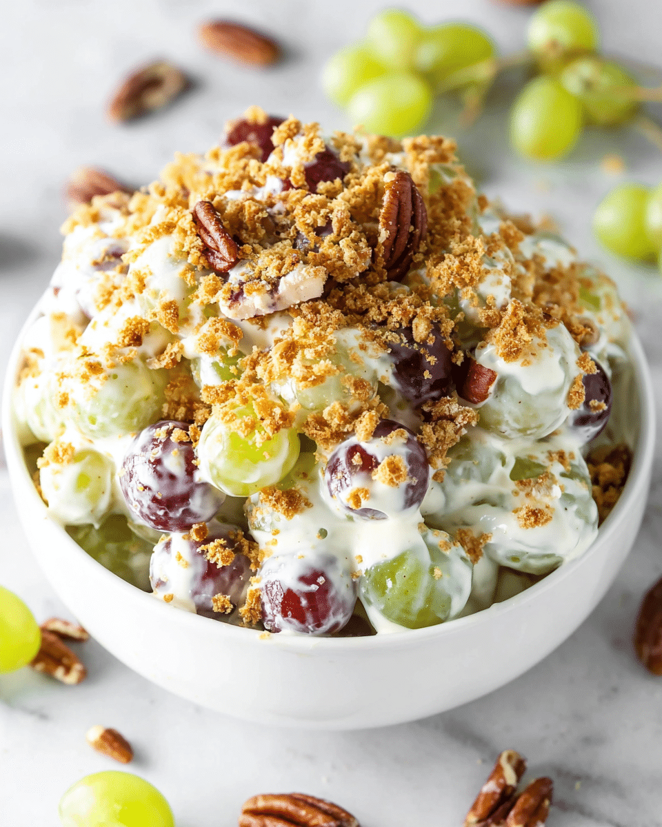 A bowl filled with a creamy grape salad that shows three clear layers: the bottom layer is fresh green and red grapes mixed together; the middle layer is a thick white creamy coating covering the grapes; the top layer is sprinkled with light brown crunchy crumb topping and scattered dark brown pecan pieces, adding texture and color contrast. The bowl is white and sits on a white marbled surface with a few loose grapes and pecan pieces around it. The lighting highlights the glossiness of the cream and the freshness of the grapes. photo taken with an iphone --ar 4:5 --v 7