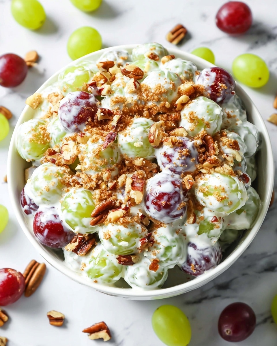 A close-up view of a bowl filled with a creamy grape salad, featuring two layers of grapes—green and red—coated in a thick, white creamy dressing. The grapes are fully covered in the dressing, giving a smooth, glossy texture throughout the layers. On top, there is a generous sprinkling of light brown sugar and chopped pecans, adding a rough, crumbly texture with darker brown nut pieces scattered on the white cream. The bowl is white and sits on a white marbled textured surface with scattered whole green and red grapes and pecan pieces around it. Photo taken with an iphone --ar 4:5 --v 7
