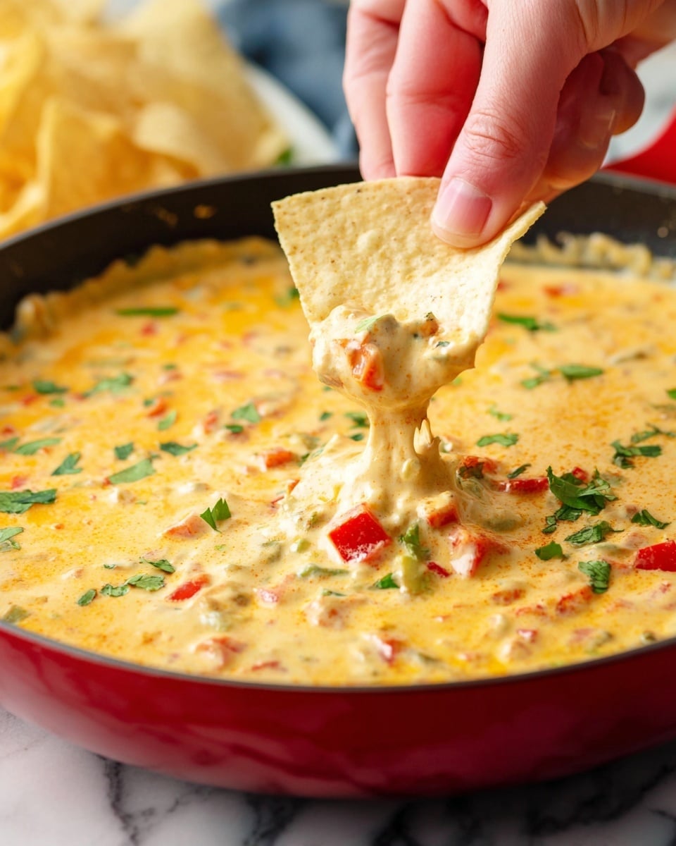A close-up image of a creamy yellow cheese dip in a red pan, with visible small chunks of red and green peppers mixed inside, topped with scattered green herbs. A woman's hand is dipping a triangular light brown tortilla chip into the thick cheesy dip, with some dip clinging to the chip and stretching slightly. The scene is set on a white marbled surface with a blurred background, focusing on the rich texture and colors of the dip and chip. photo taken with an iphone --ar 4:5 --v 7