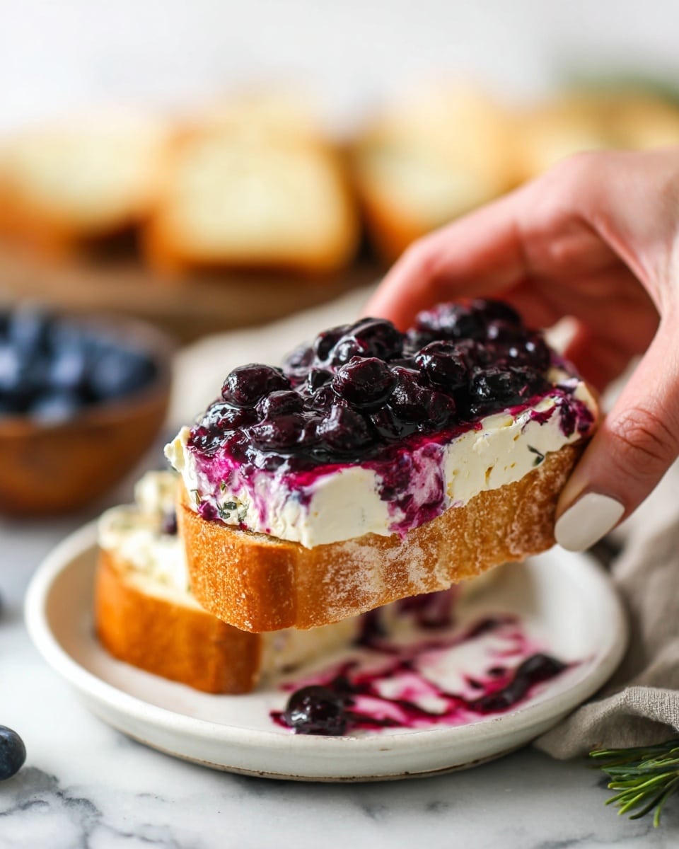 A woman's hand holds a slice of light golden brown bread topped with three visible layers: the bottom is creamy white soft cheese, the middle is a mix of white cheese with purple streaks, and the top layer is glossy deep purple blueberry compote with whole berries. The bread slice is above a white plate with smears of the same cheese and blueberry mix, sitting on a white marbled surface with blurred bread slices and a small bowl of blueberries in the background. photo taken with an iphone --ar 4:5 --v 7