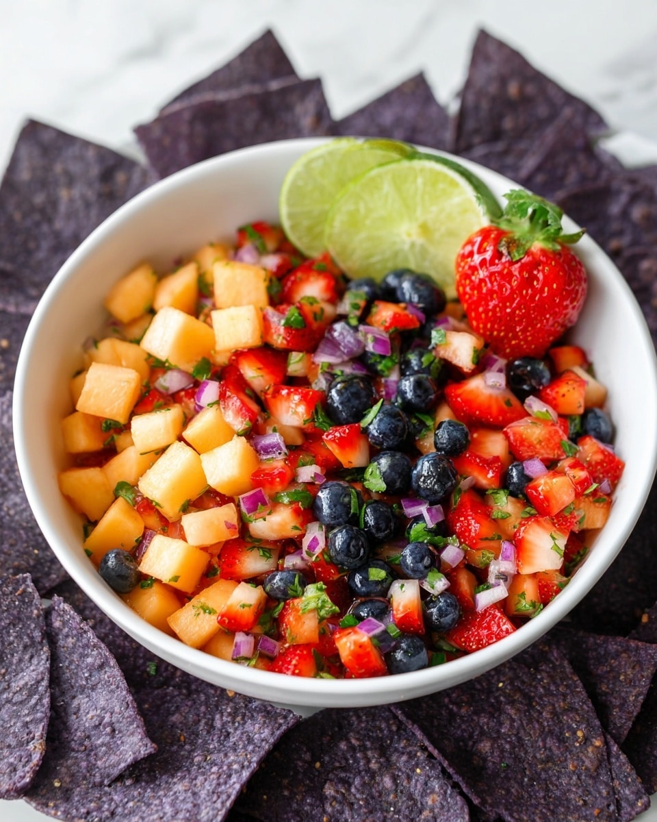 A white bowl filled with fruit salsa showing three main layers: the bottom layer has small cubes of light orange cantaloupe, the middle layer consists of bright red chopped strawberries mixed with whole dark blue blueberries, and the top layer includes tiny pieces of chopped red onion and sprinkled green cilantro leaves. Two lime wedges and a halved strawberry sit on the edge of the bowl. The bowl is placed on a white marbled surface, surrounded by dark purple corn tortilla chips. Photo taken with an iphone --ar 4:5 --v 7