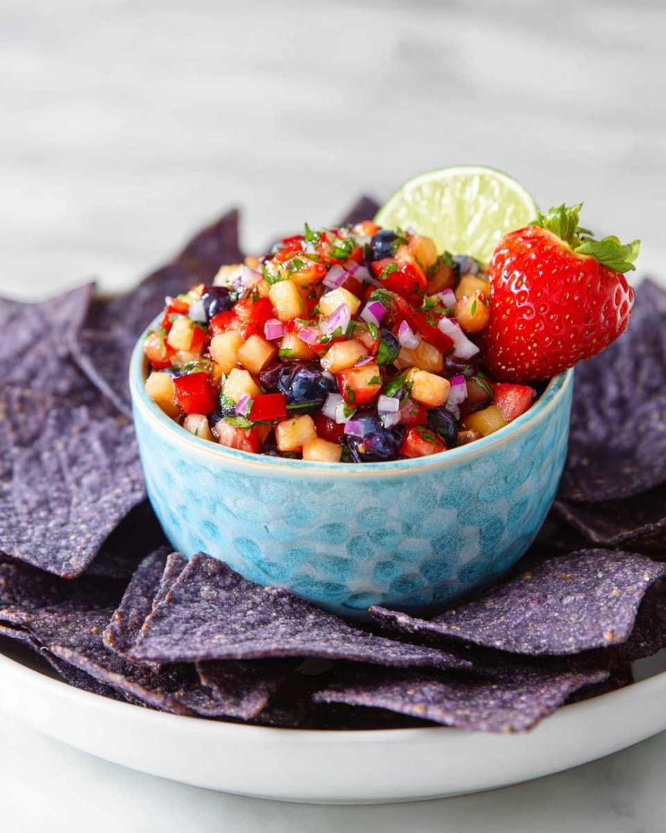 A textured light blue bowl filled with a colorful salsa composed of three main layers: the base layer has small, bright orange fruit chunks; the middle layer is mixed with dark blue blueberries and chopped red pieces; the top is spruced with finely chopped fresh green herbs and small bits of purple onion. The salsa is topped with a lime wedge and half of a strawberry placed on one side. Surrounding the bowl on a white plate are large, dark purple corn chips, with all elements set on a white marbled surface. photo taken with an iphone --ar 4:5 --v 7
