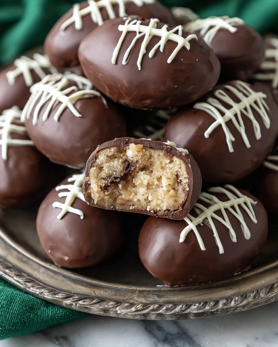 The image shows a pile of small football-shaped treats on an old silver tray. Each treat is covered in smooth dark brown chocolate and decorated on top with white icing laces in the style of a football. The front treat is cut in half, revealing a light tan, crumbly inside with bits of chocolate mixed through it. The tray sits on a white marbled texture, with a green cloth underneath peeking out near the bottom. photo taken with an iphone --ar 4:5 --v 7