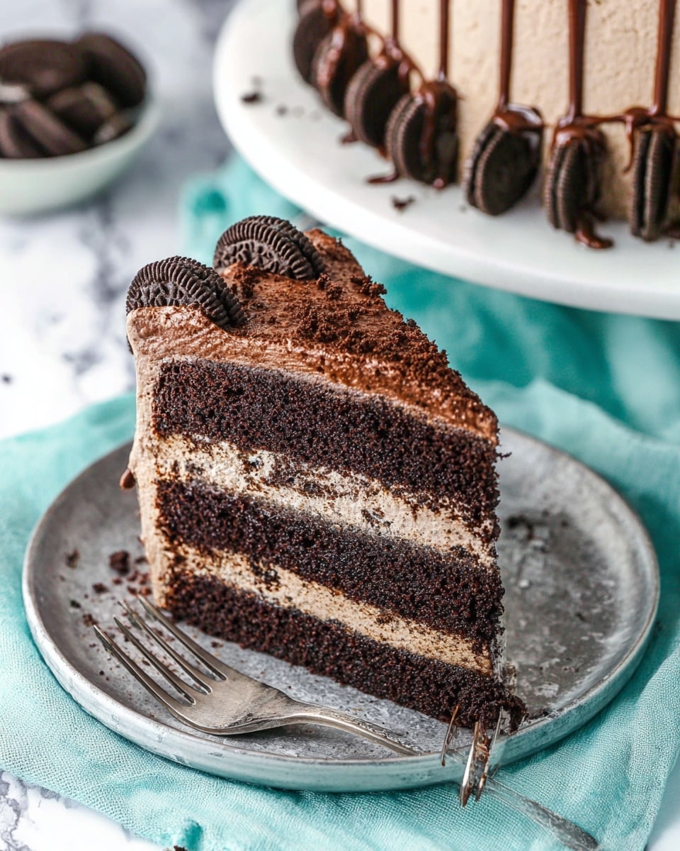 A slice of three-layer chocolate cake sits on a white plate with a slightly textured metal look, placed on a white marbled surface with a turquoise cloth underneath. The bottom, middle, and top layers are dark, moist chocolate cake with two thick layers of lighter chocolate cream containing small cookie chunks between them. The cake is covered in a light chocolate frosting with a smooth texture and chocolate drizzle on top edges. In the background, the remaining cake shows similar decoration with Oreo cookies around the edge, and a bowl of Oreo cookies is slightly visible. A silver fork rests beside the slice, and a woman's hand is gently holding the piece from the side. Photo taken with an iphone --ar 4:5 --v 7
