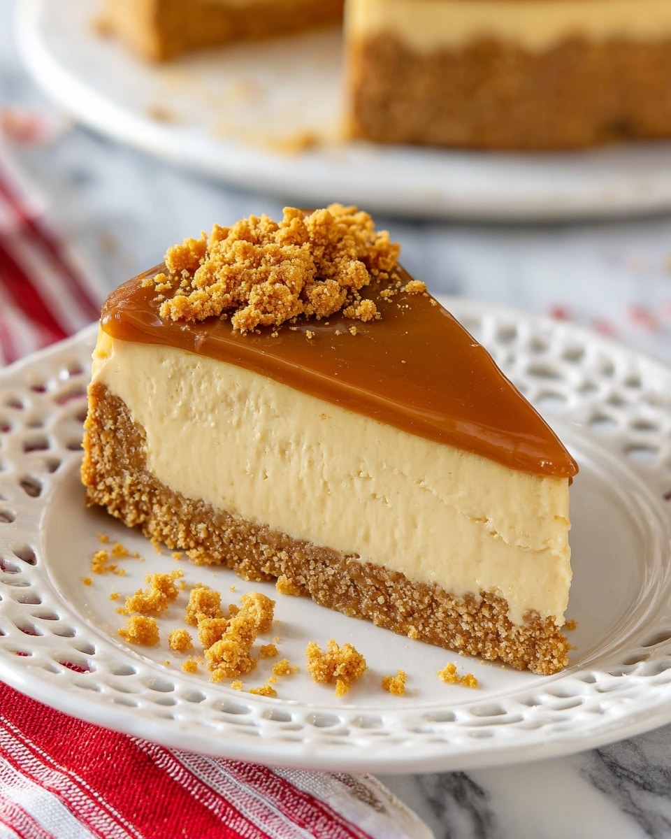 A single slice of cheesecake with three distinct layers is shown on a white plate with an intricate cut-out design. The bottom layer is a firm, crumbly golden brown crust. Above it is a thick, creamy beige cheesecake layer with a smooth texture. The top layer is a shiny, caramel-colored glaze with a smooth surface, decorated with a small pile of golden brown crumbs clustered toward one side. There are some crumbs scattered on the plate near the slice. In the background, part of another plate with a similar dessert is visible, all placed on a white marbled surface with a red and white striped cloth partially visible underneath the plate. photo taken with an iphone --ar 4:5 --v 7