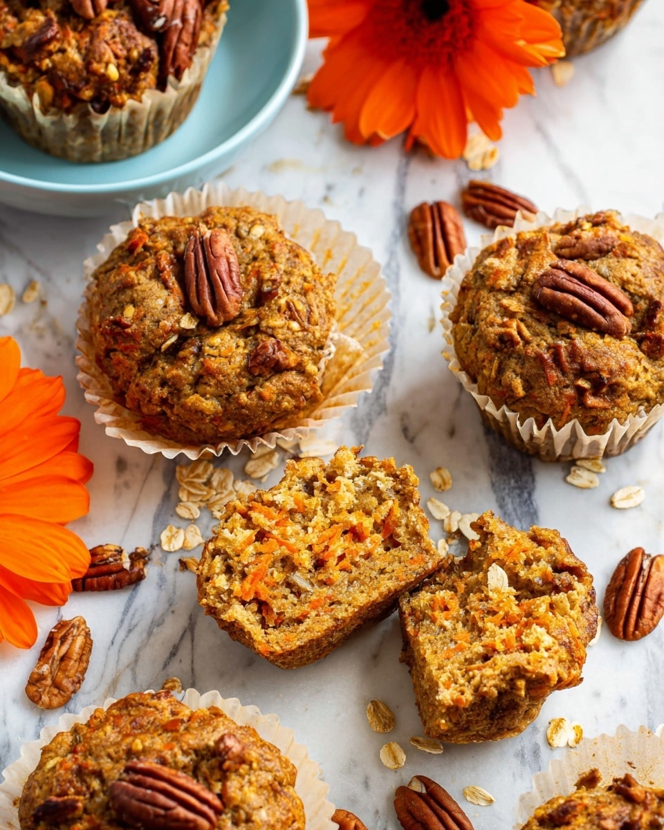 The image shows several muffins with a rough, crumbly texture, each topped with whole pecans. One muffin is split in half in the center of the image, revealing a soft inside with visible pieces of carrot and oats. The muffins have a warm orange-brown color and are placed in pale, crinkled paper liners. Around the muffins, some whole pecans are scattered, and there is a bowl with extra pecans and a bright orange flower next to it. All the items are set on a white marbled surface. Photo taken with an iphone --ar 4:5 --v 7