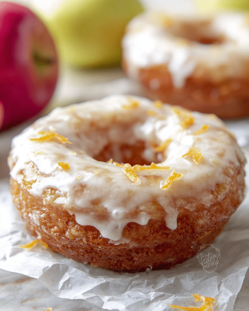 A close-up of a single donut with one layer, the base is a light brown cake with a soft texture, topped with a white glaze that slightly drips down the sides, giving a glossy look. Small bits of orange carrot shreds are scattered on the glaze, adding color contrast and texture. The donut sits on crinkled translucent wax paper on a white marbled surface, with blurred fresh apples and other donuts in the background. Photo taken with an iphone --ar 4:5 --v 7