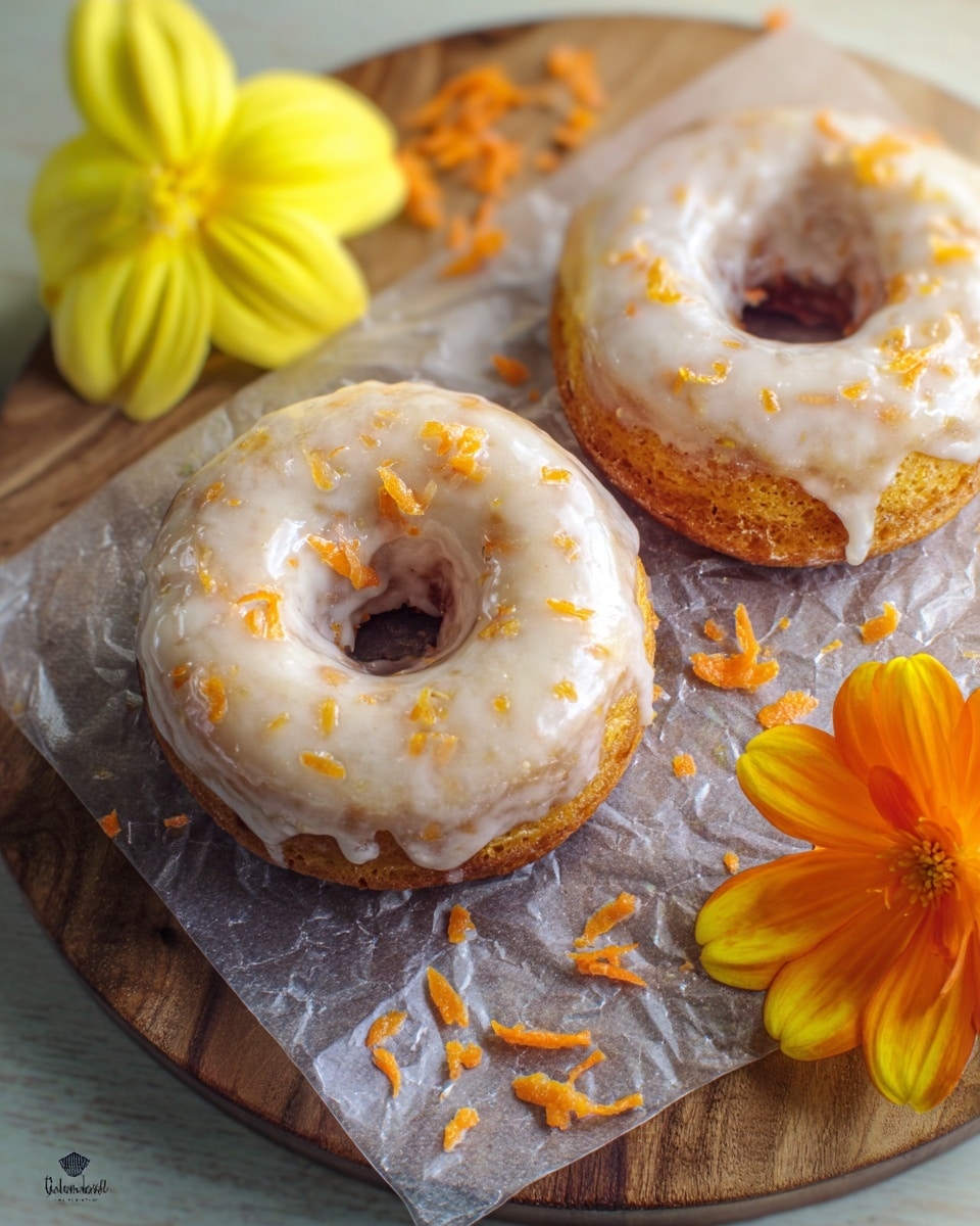 The image shows two glazed carrot cake donuts with a light, shiny white icing that has small orange carrot bits mixed in, giving a textured look. The donuts have a golden-brown base with visible orange specks from the carrots. They sit on a piece of clear, crinkled wax paper placed on a round wooden board. Around the donuts, there are small scattered carrot shreds in bright orange. At the edge of the board, two fresh flowers, one yellow and one orange with yellow tips, lay gently next to the donuts. The scene is lit softly, highlighting the moist texture of the donuts and the smoothness of the glaze. Photo taken with an iphone --ar 4:5 --v 7