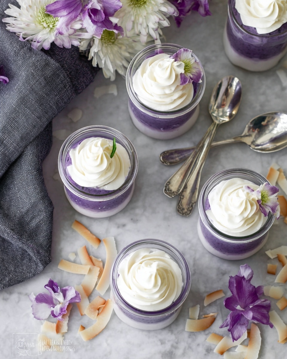 Four clear glass jars each hold two layers: a thick, smooth, purple layer at the bottom topped with a neat swirl of white cream on top, one jar decorated with a small light green flower petal. The jars sit on a white marbled texture surface scattered with toasted coconut flakes and pale purple and white flowers. Two silver spoons are placed diagonally among the jars. In the top left corner, a dark gray textured cloth with white and light purple flowers adds a soft touch. Photo taken with an iphone --ar 4:5 --v 7