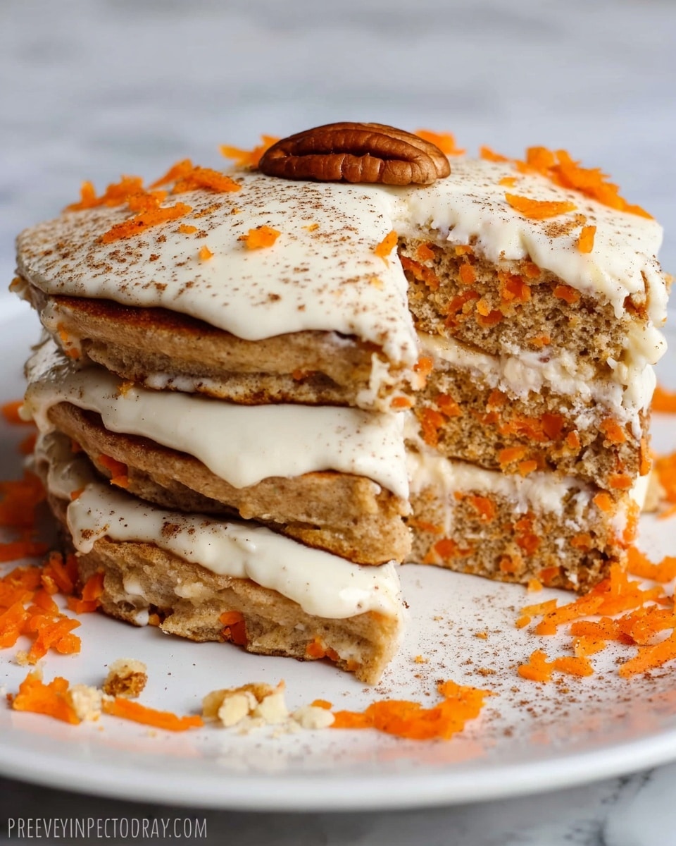 A stack of three thick, fluffy pancakes on a white plate with visible small orange carrot bits inside each pancake layer. Between the pancake layers, there is a thin spread of white creamy sauce. The top layer is generously covered with a thick white cream sauce, sprinkled lightly with brown cinnamon powder and topped with a single pecan in the center. Additional grated carrot pieces are scattered on top and around the plate, adding bright orange color contrast to the beige pancakes and creamy white sauce. The plate is set on a white marbled surface. photo taken with an iphone --ar 4:5 --v 7