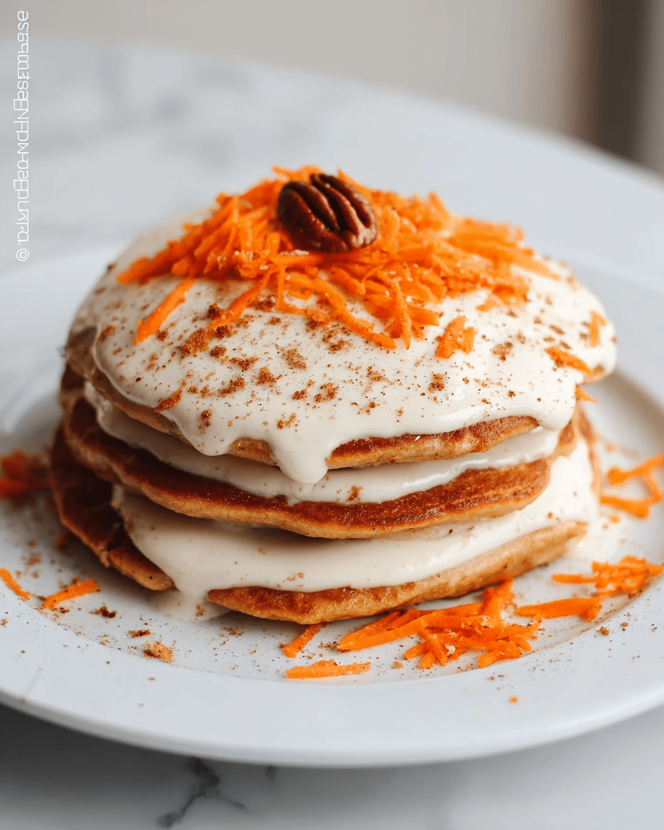 A stack of three golden-brown pancakes sits in the center of a white plate, each layer separated by smooth, creamy white frosting oozing slightly at the edges. The top pancake is covered with a thick layer of the same creamy frosting, sprinkled lightly with fine brown spice, and topped with bright, shredded orange carrot pieces scattered around. A single pecan rests on top, adding texture and contrast to the soft layers. The white plate is placed on a white marbled surface that adds subtle elegance to the overall presentation. photo taken with an iphone --ar 4:5 --v 7