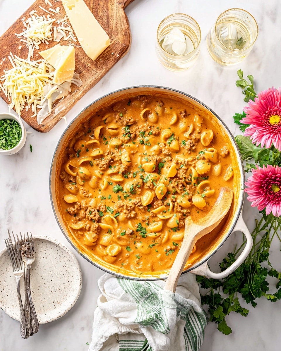 A large white pot is filled with a creamy, orange pasta dish with small shell pasta and ground meat, topped with chopped green herbs scattered across the surface. A wooden spoon rests inside the pot, partially submerged in the thick sauce. Nearby, a wooden board holds blocks and shredded pieces of cheese, while sprigs of fresh green parsley lie on a white marbled surface. Two white speckled plates each hold two silver forks, positioned beside a couple of clear glasses with a light-colored drink. A pink and yellow flower adds a touch of color next to the plates, and a white cloth with green stripes is casually draped near the pot. photo taken with an iphone --ar 4:5 --v 7