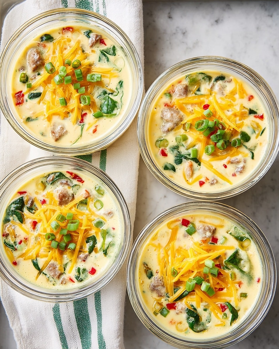 Four round glass bowls filled with a creamy mixture that has visible pieces of green spinach, small red pepper bits, mushrooms, and chunks of white sausage. Each bowl is topped with bright yellow shredded cheddar cheese and sprinkled with chopped green onions. The bowls sit on a white marbled textured surface with a white cloth with green stripes on the left side. The creamy mixture is light yellow with a smooth texture and the ingredients are spread evenly in each bowl. photo taken with an iphone --ar 4:5 --v 7