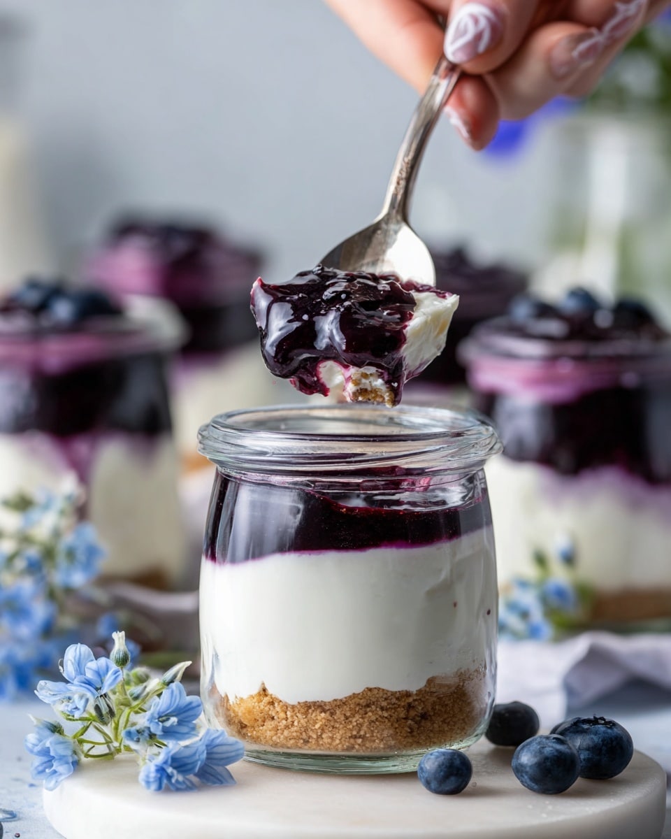 A small clear glass jar shows a dessert with three layers: the bottom layer is light brown and crumbly like crushed cookies, the middle layer is thick, smooth, and white creamy filling, and the top layer is a glossy deep purple blueberry sauce with whole berries visible. A woman's hand holds a spoon above the jar, scooping some of the dessert with all three layers visible on the spoon. The jar is placed on a round white marble surface, surrounded by fresh blueberries and soft blue flowers, with more jars of the same dessert blurred in the background. Photo taken with an iphone --ar 4:5 --v 7