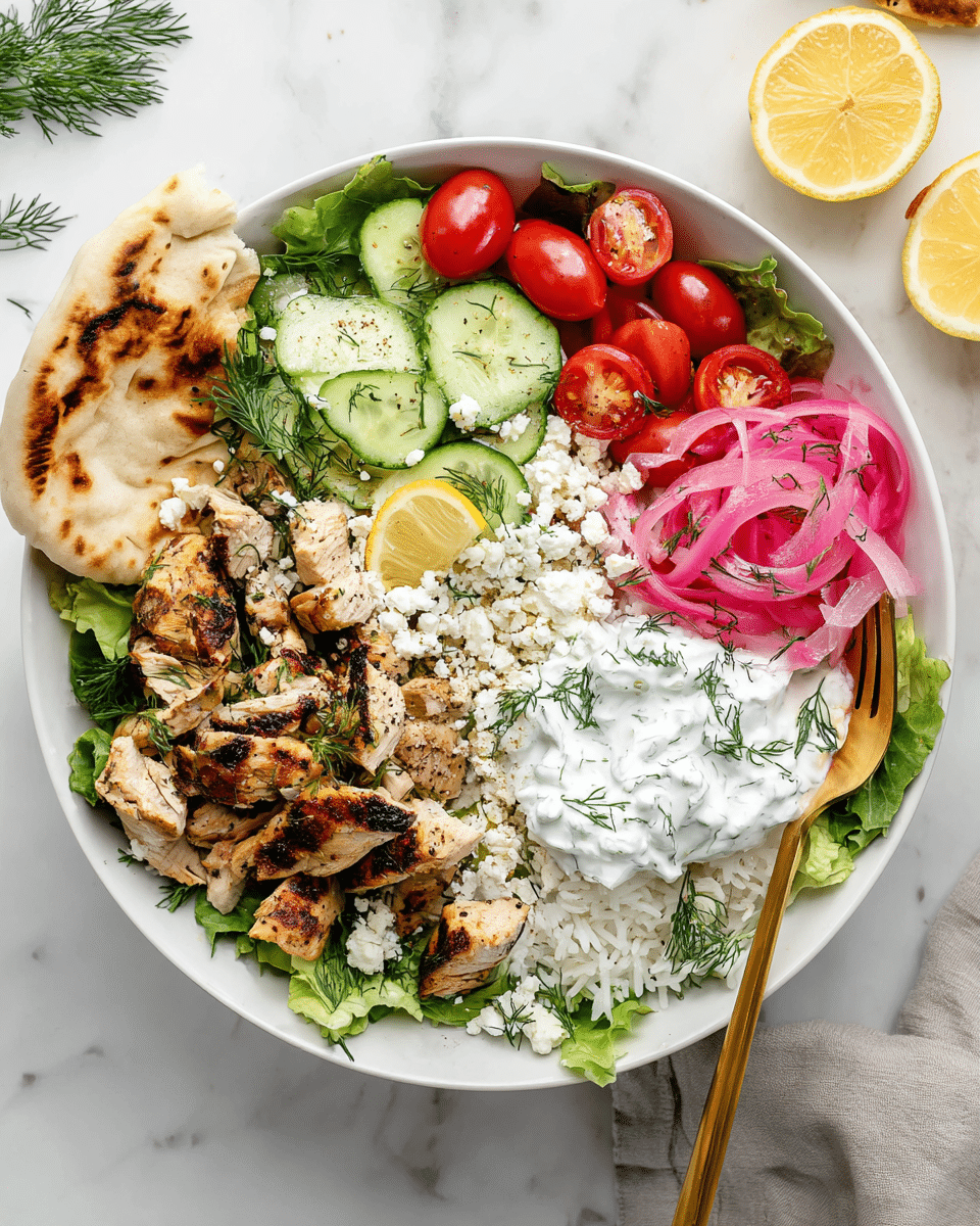 A white bowl holds a colorful layered dish that starts with a base of green leafy lettuce. On top, there are browned grilled chicken pieces with a slightly charred texture, bright red halved cherry tomatoes, and creamy white crumbled feta cheese scattered around. Next to these are thin slices of green cucumber, lightly seasoned, and topped with more feta. There is a scoop of white tzatziki sauce with specks of green herbs on one side, a piece of lightly toasted pita bread with a small char mark, and a section of white rice on the opposite side of the chicken, with a yellow lemon wedge resting on the rice. Vibrant pink pickled onions are curled beside the rice, and fresh green dill sprigs are scattered throughout. A gold spoon is placed inside the bowl near the rice on a white marbled surface. photo taken with an iphone --ar 4:5 --v 7