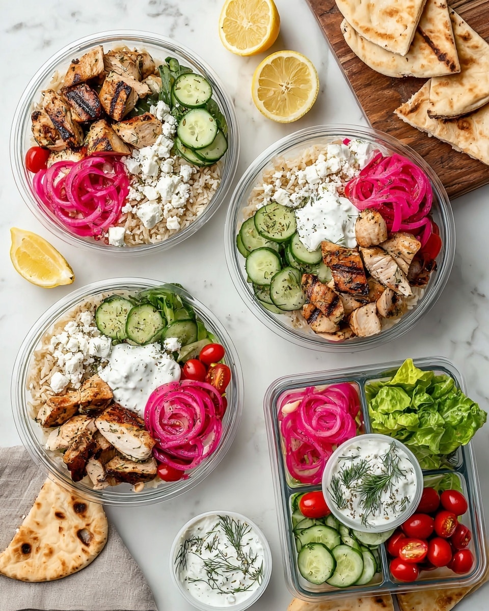 The image shows two white bowls and three clear divided containers filled with a Greek-style meal on a white marbled surface. Each bowl has layers arranged in a circle: at the top is grilled chicken pieces with a light brown char, followed by bright pink pickled red onions on light beige rice with scattered white feta cheese, thin green cucumber slices with black pepper, bright red halved cherry tomatoes, a scoop of creamy white tzatziki sauce with fresh dill on top, and pieces of lightly toasted pita bread placed at the bottom left side. The clear containers are divided into four sections, each holding grilled chicken, cherry tomatoes, pickled red onions with cucumber slices, and a small white cup filled with tzatziki on top of leafy green lettuce, all topped with a lemon wedge. A wooden board holds extra toasted pita cut into triangles in the top right corner. Lemon wedges and a small bowl of feta cheese add accents around the dishes. Photo taken with an iphone --ar 4:5 --v 7
