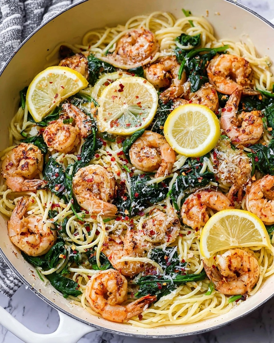 The image shows a white pan filled with a shrimp pasta dish on a white marbled surface. The bottom layer is light yellow spaghetti noodles, twisted and spread evenly. On top, there are many pink shrimp cooked with a slight char, mixed with dark green spinach leaves that look soft and wilted. Scattered lemon wedges with pale yellow flesh and bright rinds sit on top, adding freshness. The dish is sprinkled with white grated cheese and small red chili flakes for a bit of color and texture. The overall look is bright and fresh with a mix of smooth, soft, and slightly textured elements. photo taken with an iphone --ar 4:5 --v 7