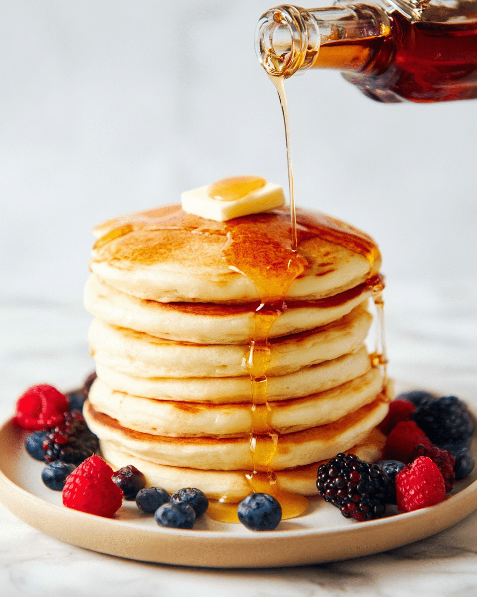 A stack of six thick, fluffy pancakes with a golden-brown top and light cream sides is placed on a white plate. A small square of butter rests on the upper pancake, melting slightly. Golden syrup is being poured from a glass bottle onto the top, flowing down over the stack in smooth streams. Around the plate's base are scattered fresh berries: blue blueberries, red raspberries, and dark blackberries. The whole scene is set on a white marbled surface with a clean, bright background. Photo taken with an iphone --ar 4:5 --v 7