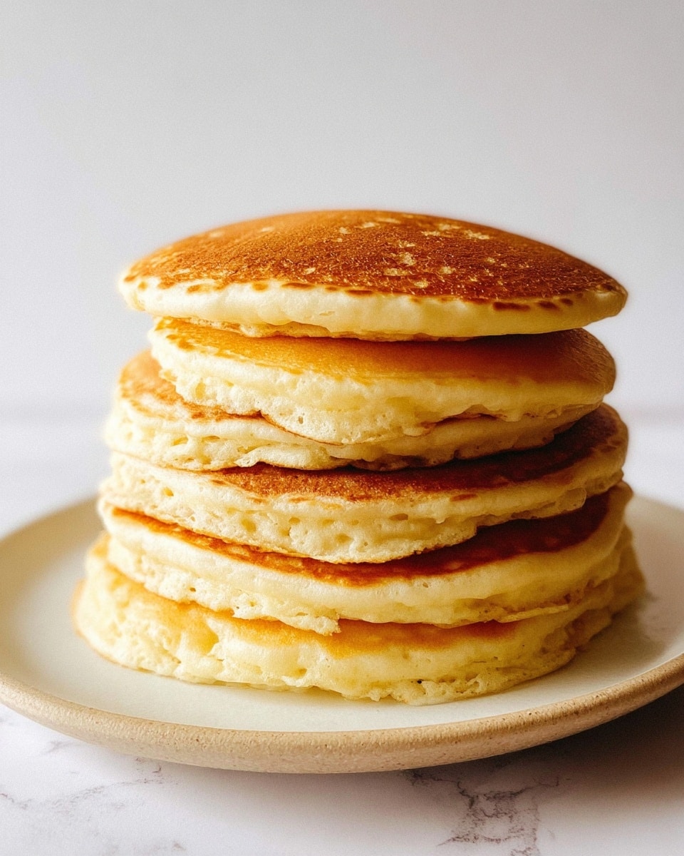 A stack of five thick, golden-brown pancakes sits on a white plate with a slightly raised edge, each pancake showing fluffy texture and light browning on top. The pancakes are unevenly round, with soft edges and some air bubbles visible in the layers. The white marbled surface background adds a clean and bright feel to the image. photo taken with an iphone --ar 4:5 --v 7