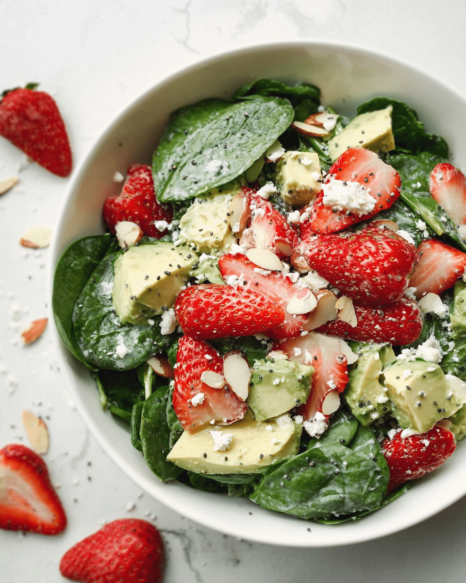 The image shows a white bowl filled with a fresh salad that has three main layers: a base of dark green spinach leaves, a middle layer of pale green avocado chunks with creamy texture, and sliced bright red strawberries scattered on top. The salad is sprinkled with white crumbled cheese and thin beige almond slices, adding texture, while small black poppy seeds dot the surface. The bowl sits on a white marbled texture, with a few strawberry slices and avocado pieces placed around gently. Photo taken with an iphone --ar 4:5 --v 7