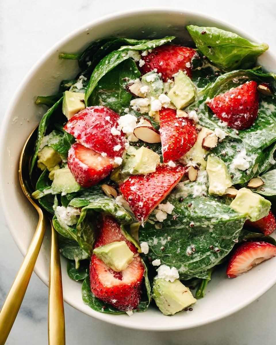 A white bowl filled with fresh spinach leaves as the base layer, dark green and slightly shiny with a creamy dressing coating their surface. On top are bright red sliced strawberries with white seeds, adding a pop of color, and light green chunks of avocado, creamy and soft in texture. Scattered evenly are small white crumbles of cheese and light brown almond slices, with tiny black poppy seeds sprinkled over everything. Two golden spoons rest inside the bowl on the left side, and the bowl sits on a white marbled surface. photo taken with an iphone --ar 4:5 --v 7